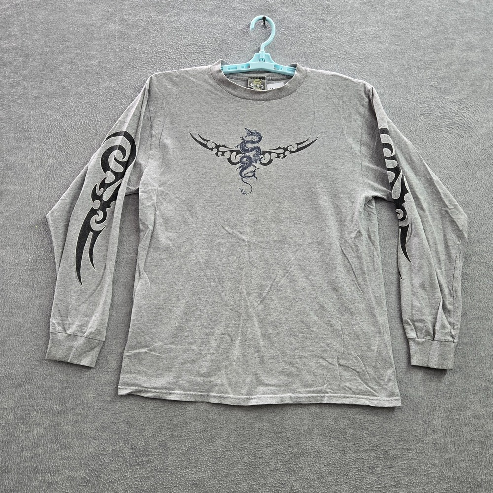 VINTAGE Silver Strand Men Shirt Large Gray Y2K Tribal Dragon Graphic Crew Neck